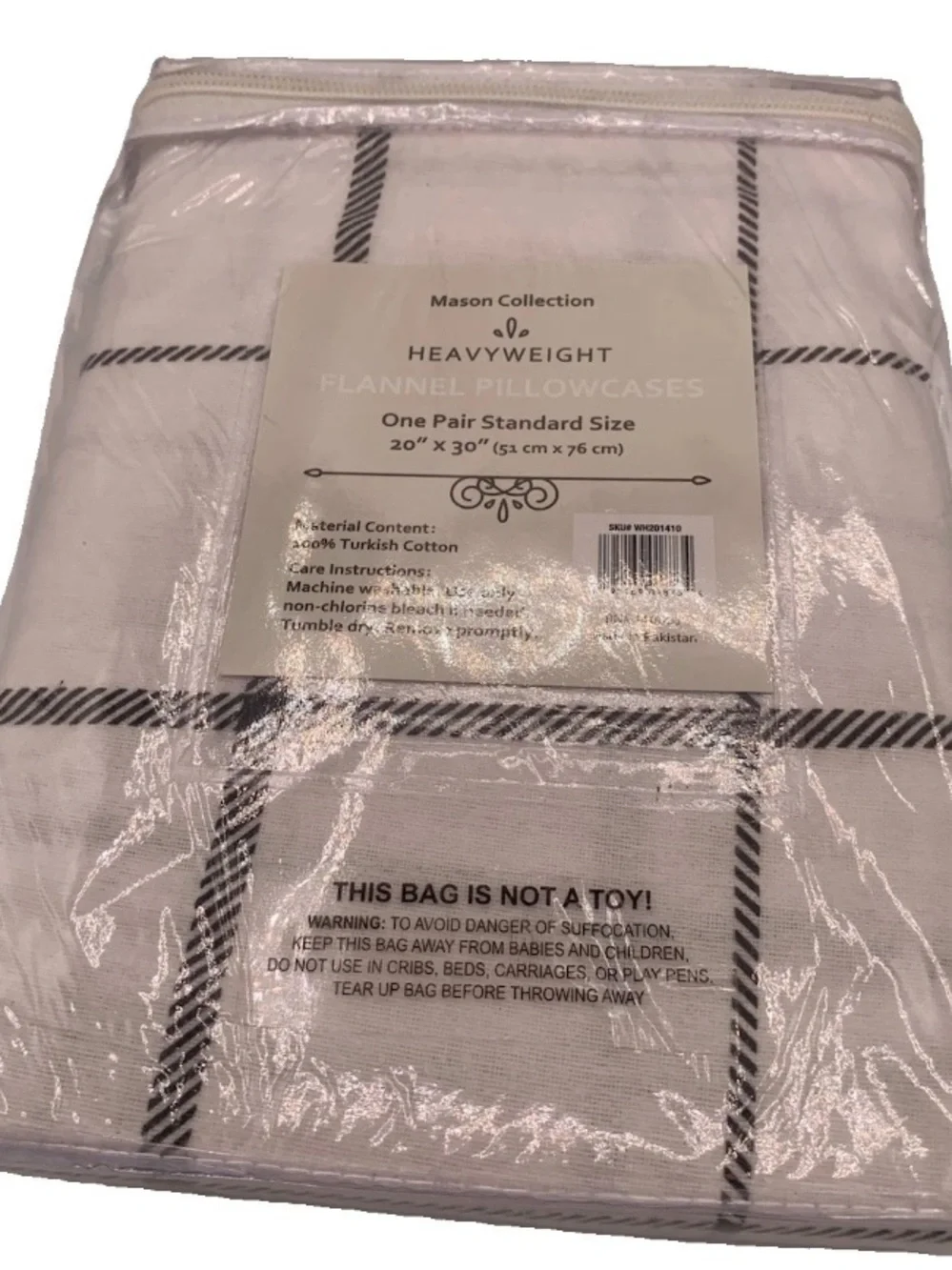 Moon Collection Turkish Cotton White Flannel Pillowcase Pair Black Windowpane